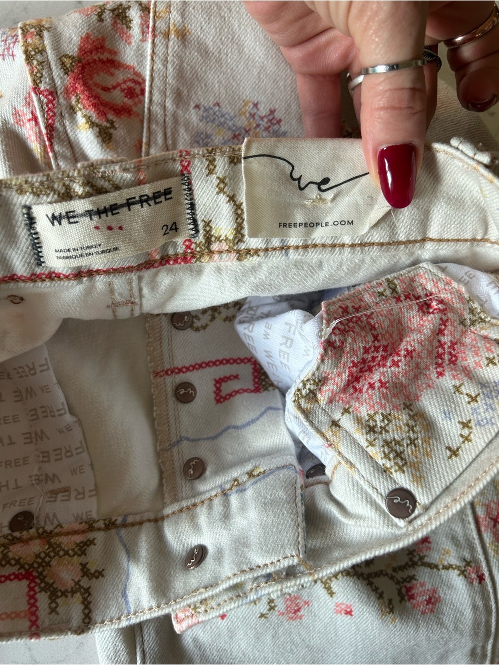 NWT Free People We the Free Eden Printed Slouchy Jeans Ivory Combo Cross Stitch - Picture 6 of 16